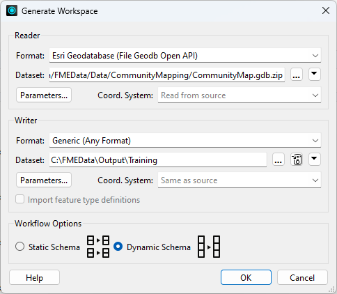 Generate Workspace dialog configured for a dynamic translation